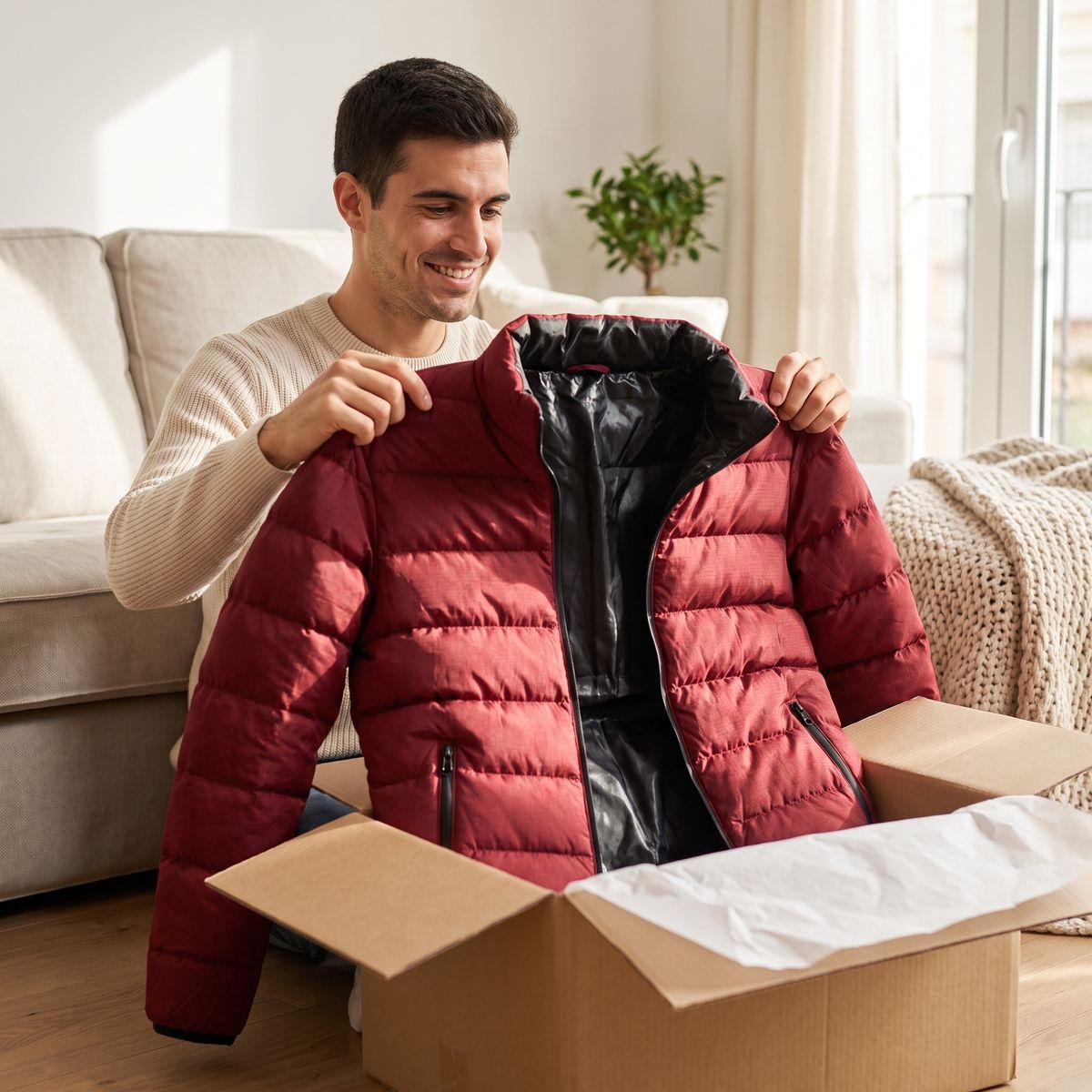 Cliente abriendo su pedido con la chaqueta roja