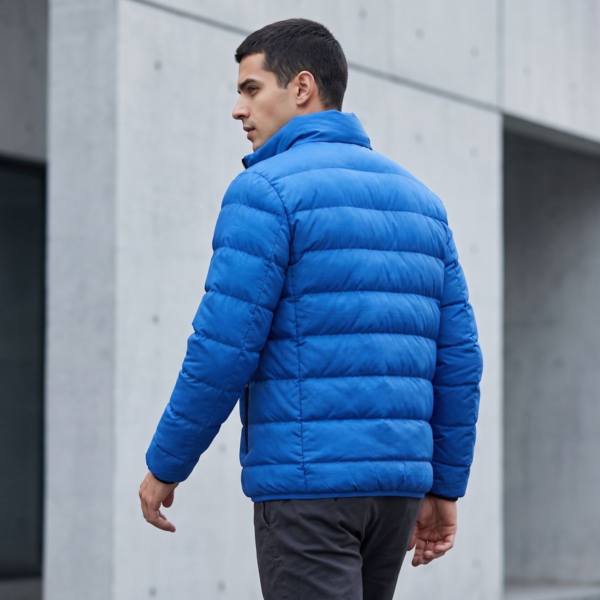 Hombre con la chaqueta acolchada azul, vista de espalda