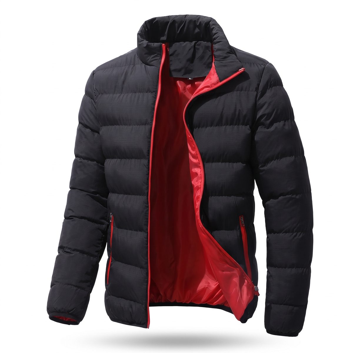 Chaqueta acolchada negra abierta, con interior rojo